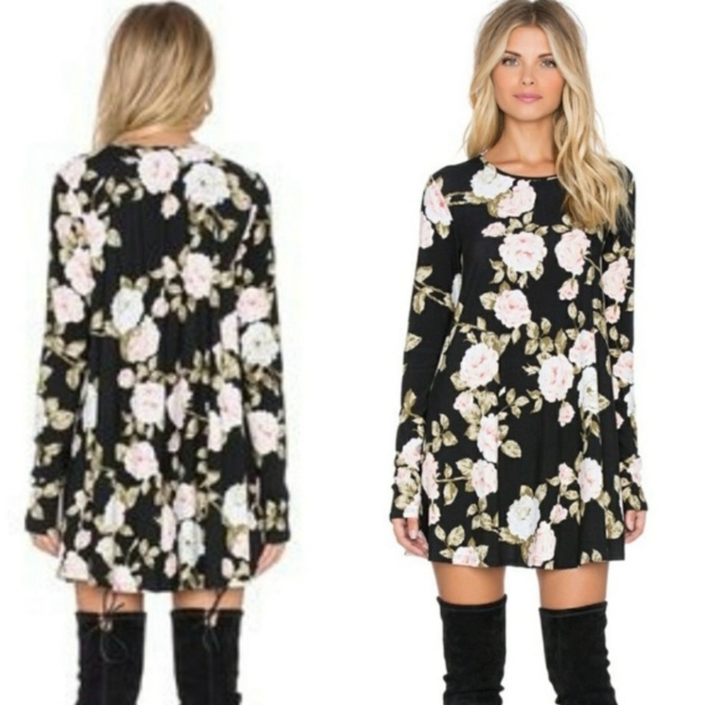 Show Me Your MuMu Black & Pink Floral Bohemian Tyler Tunic Dress Size Small